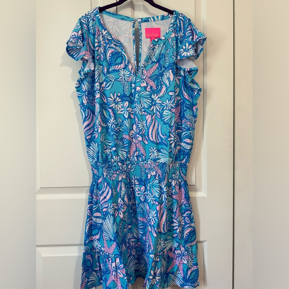 NWT XL Lilly Pulitzer Ravi short-sleeved romper in Sound the Sirens Amalfi Blue